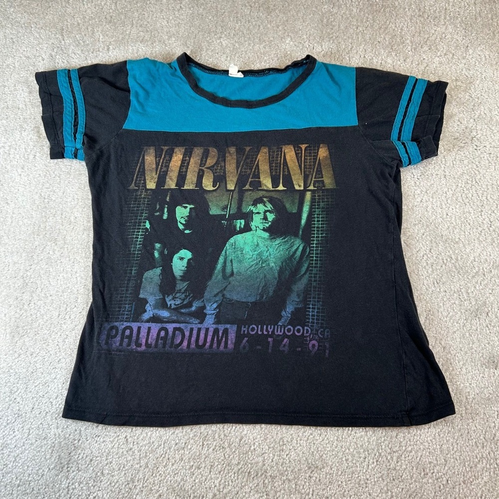 Vintage 1991 Nirvana Palladium Tour Graphic Tee Womens Medium Black Ringer Shirt